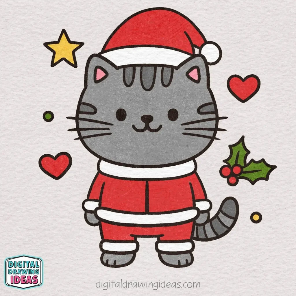 how to draw a Christmas cat - cute christmas cat drawing tutorial
