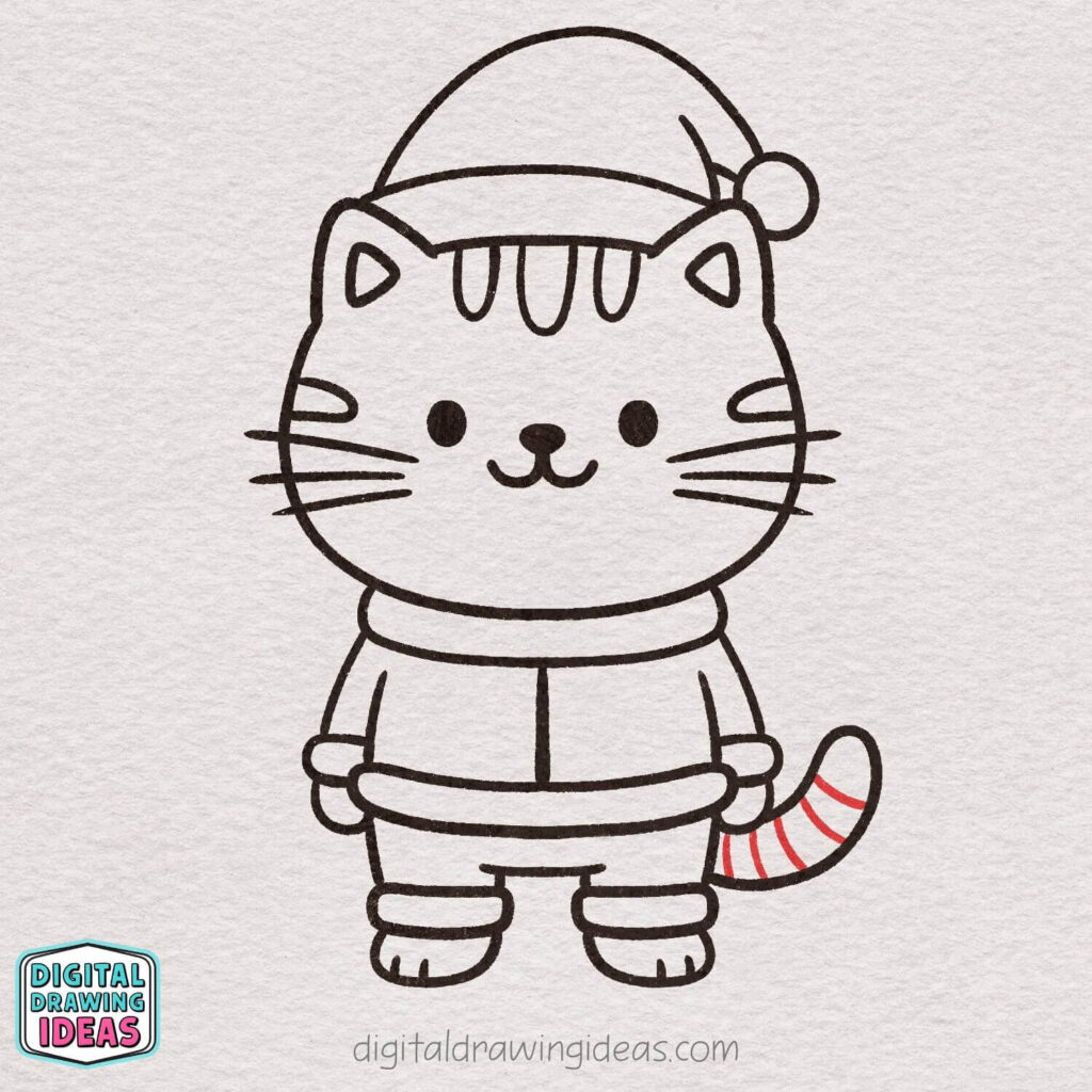 how to draw a Christmas cat - cute christmas cat drawing tutorial