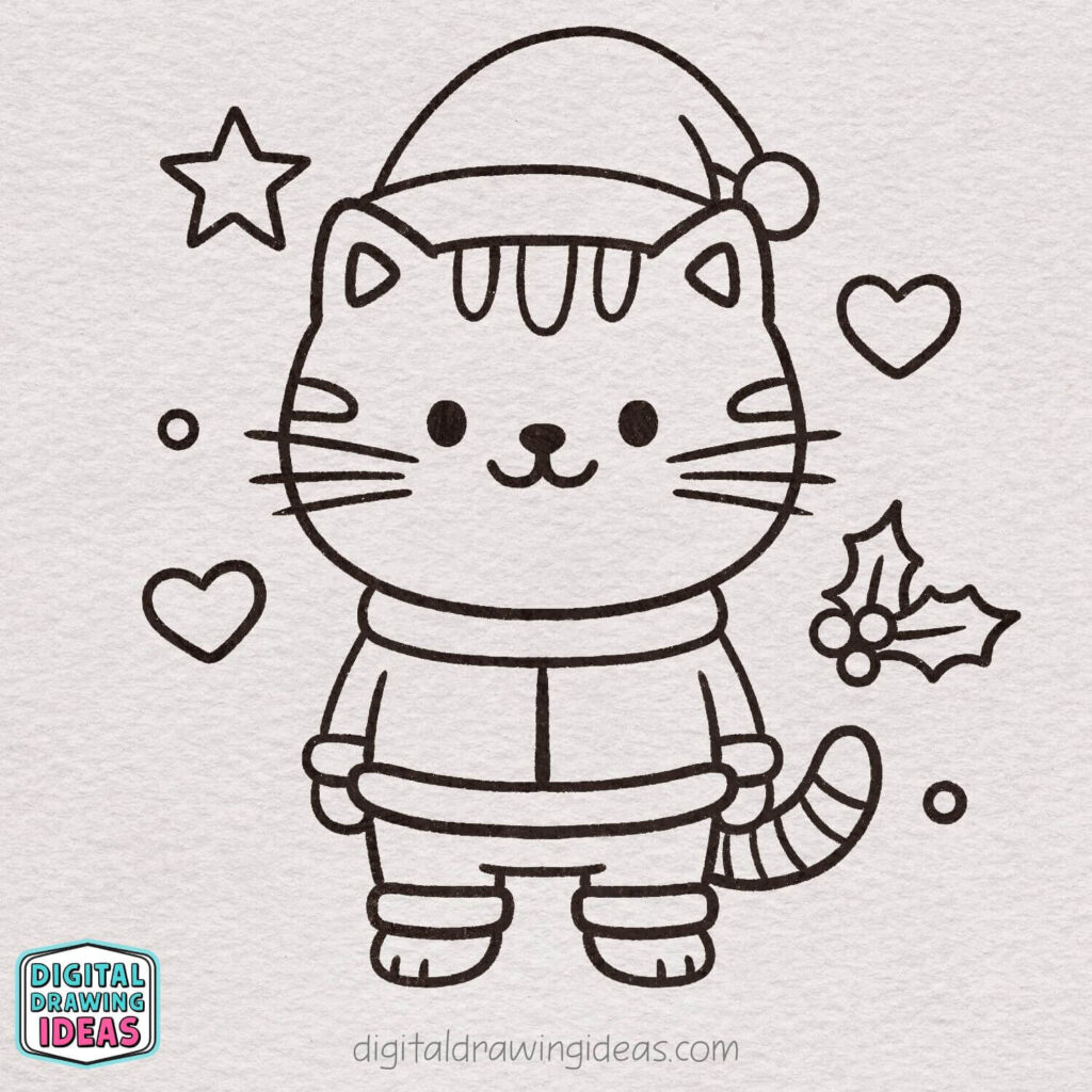 how to draw a Christmas cat - cute christmas cat drawing tutorial
