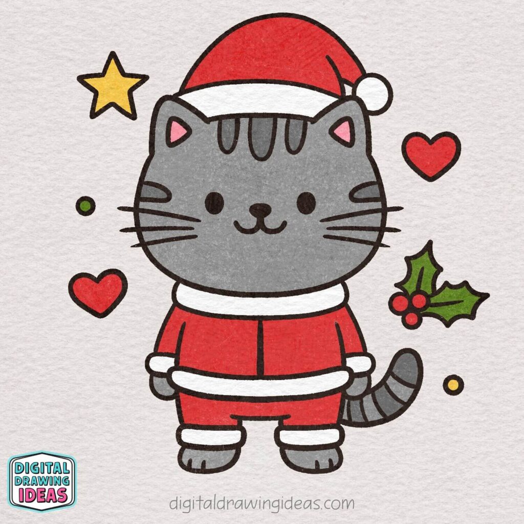 how to draw a Christmas cat - cute christmas cat drawing tutorial